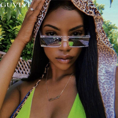 Vintage Rectangle Sunglasses Women Small Frame Mirror Sun Glasses Silver Black Lens Men One Piece Punk Eyeglasses Gafas Shades