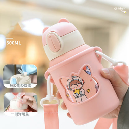 Kids Thermos Mug With Straw Stainless Steel Dobble Vacuum Flasks Children Cute Thermal Water Bottle Tumbler Thermocup