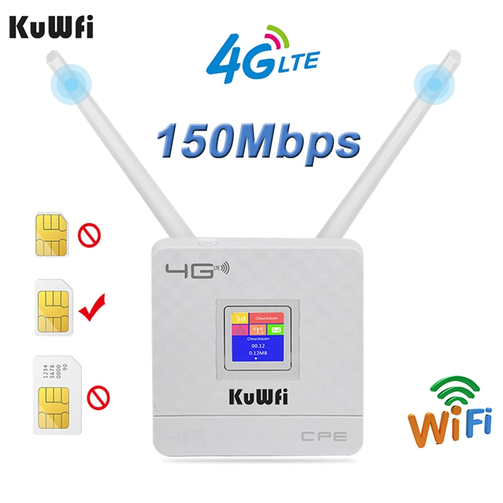 KuWfi 4G LTE CPE Wifi Router CAT4 150Mbps Wireless Router Unlocked 4G LTE SIM Wifi Router With External Antenna WAN/LAN RJ45