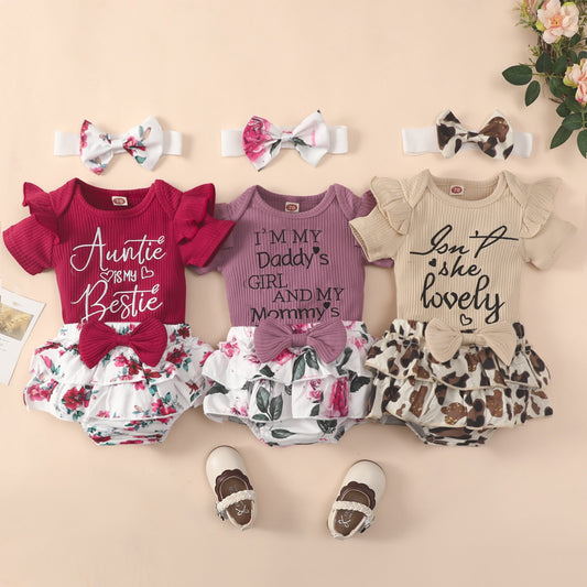 2022-02-16 Lioraitiin 0-24M Newborn Infant Baby Girl 3Pcs Summer Clothing Set Short Sleeve Letter Printed Bodysuit Top Shorts