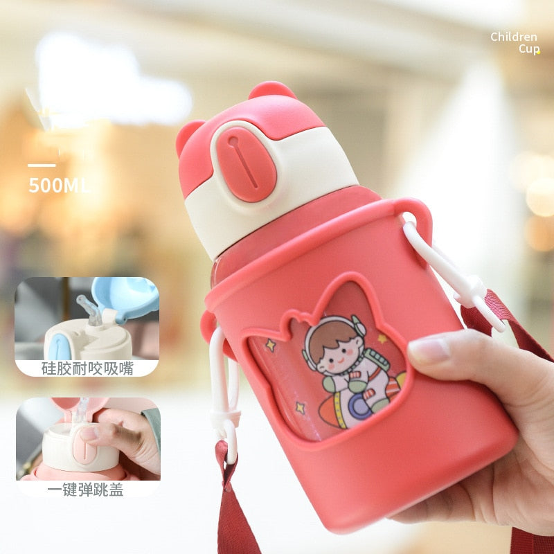 Kids Thermos Mug With Straw Stainless Steel Dobble Vacuum Flasks Children Cute Thermal Water Bottle Tumbler Thermocup
