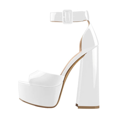 Onlymaker Women Sandals Platform Peep Toe Chunky Square Heels Ankle Strap Sandals Black And White Stripes Party Fashion Shoes