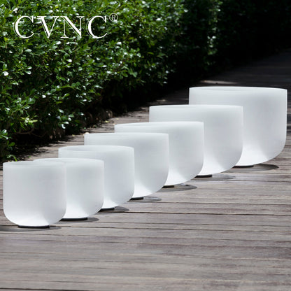 CVNC 6-12" White Frosted Quartz Crystal Singing Bowl Chakra Set 7pcs for Sound Healing Yoga Mediation with Mallets