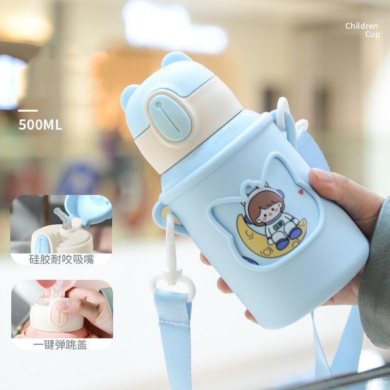 Kids Thermos Mug With Straw Stainless Steel Dobble Vacuum Flasks Children Cute Thermal Water Bottle Tumbler Thermocup