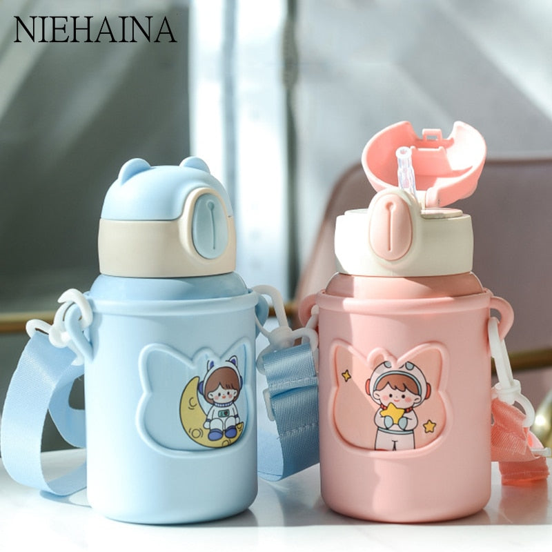 Kids Thermos Mug With Straw Stainless Steel Dobble Vacuum Flasks Children Cute Thermal Water Bottle Tumbler Thermocup