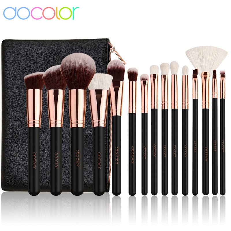 Docolor Rose Gold Makeup Brushes Set 15pcs Professional Natural Hair Brushes Foundation Powder Contour Eyeshadow Make Up Brushes